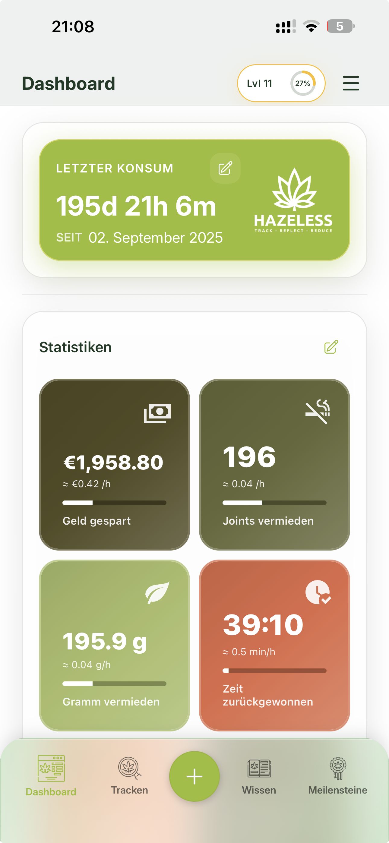 Hazeless App Dashboard – Tracke deinen Cannabis-Konsum